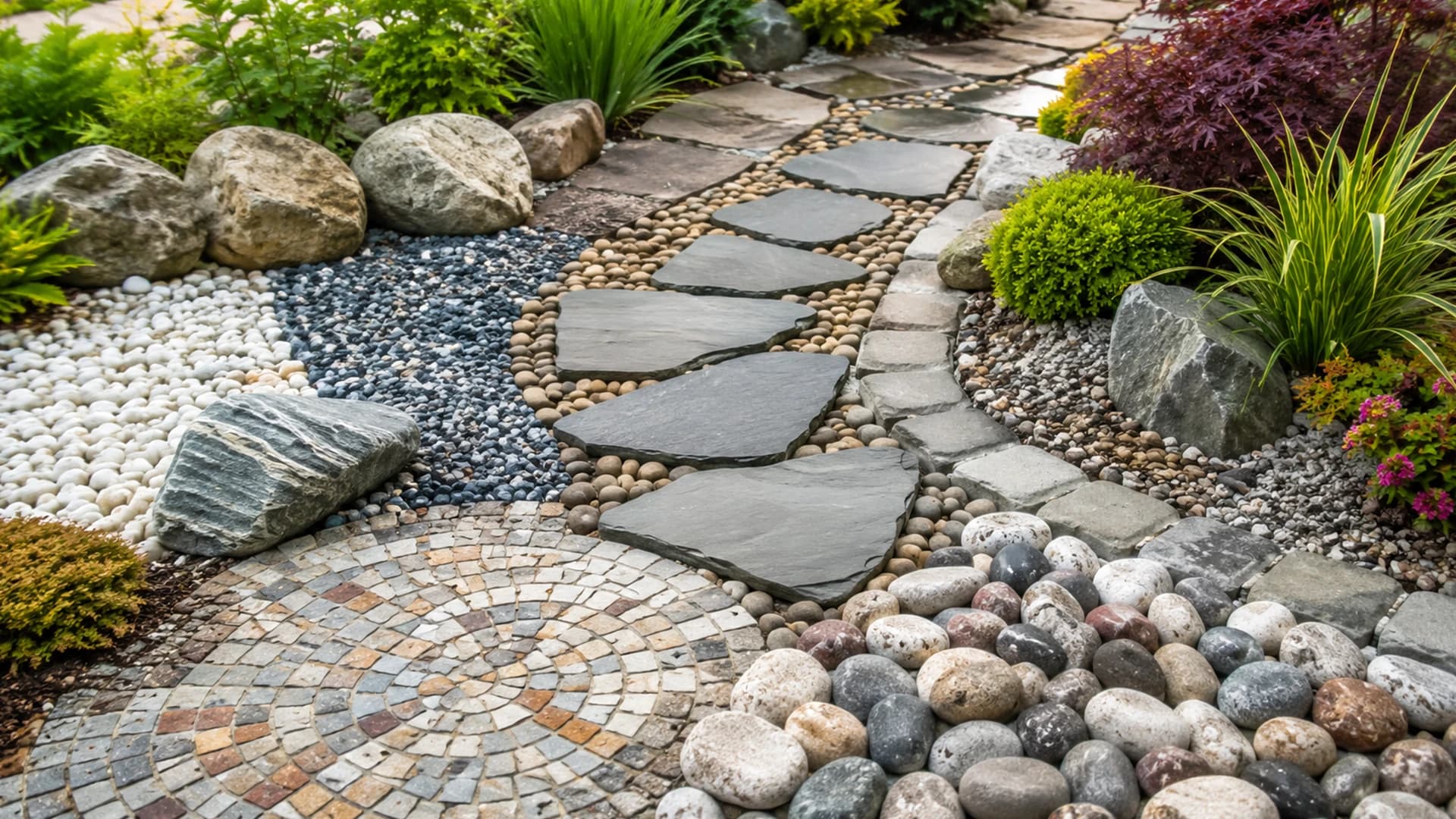 Decorative natural garden stones along a garden walkway