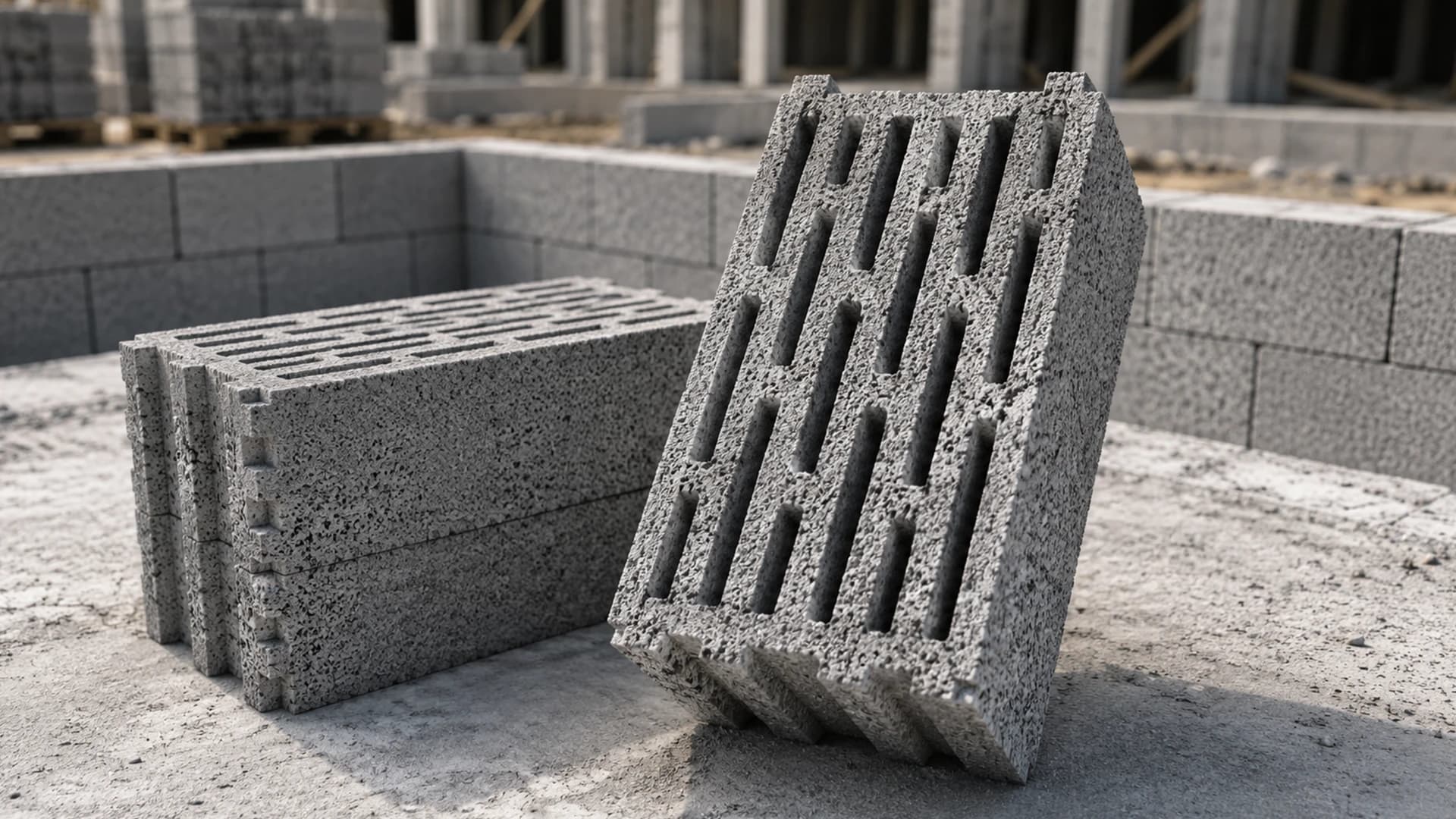 Stacked 10cm-thick pumice wall blocks