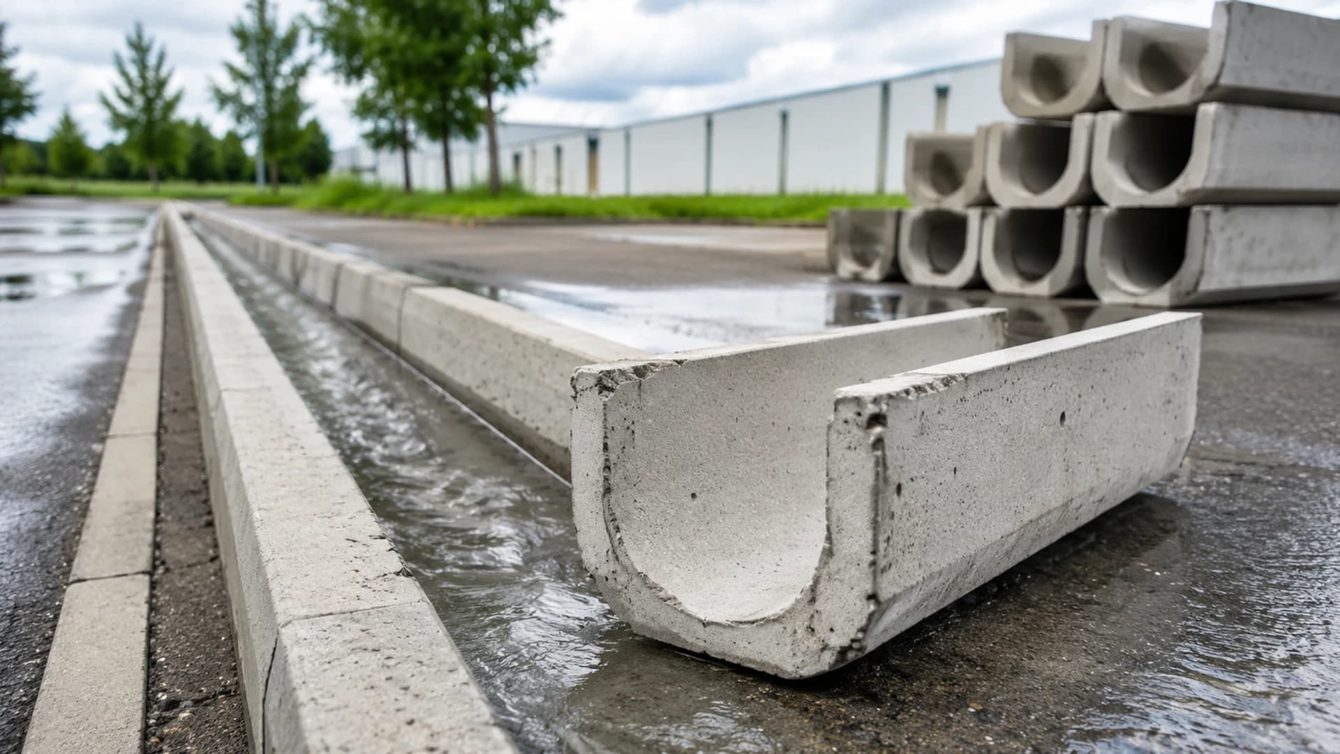 A concrete rain drainage gutter laid along a roadside