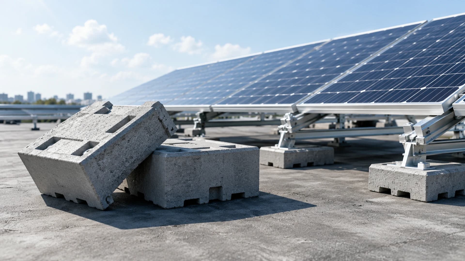 Concrete PV ballasts beneath rooftop-mounted solar panels