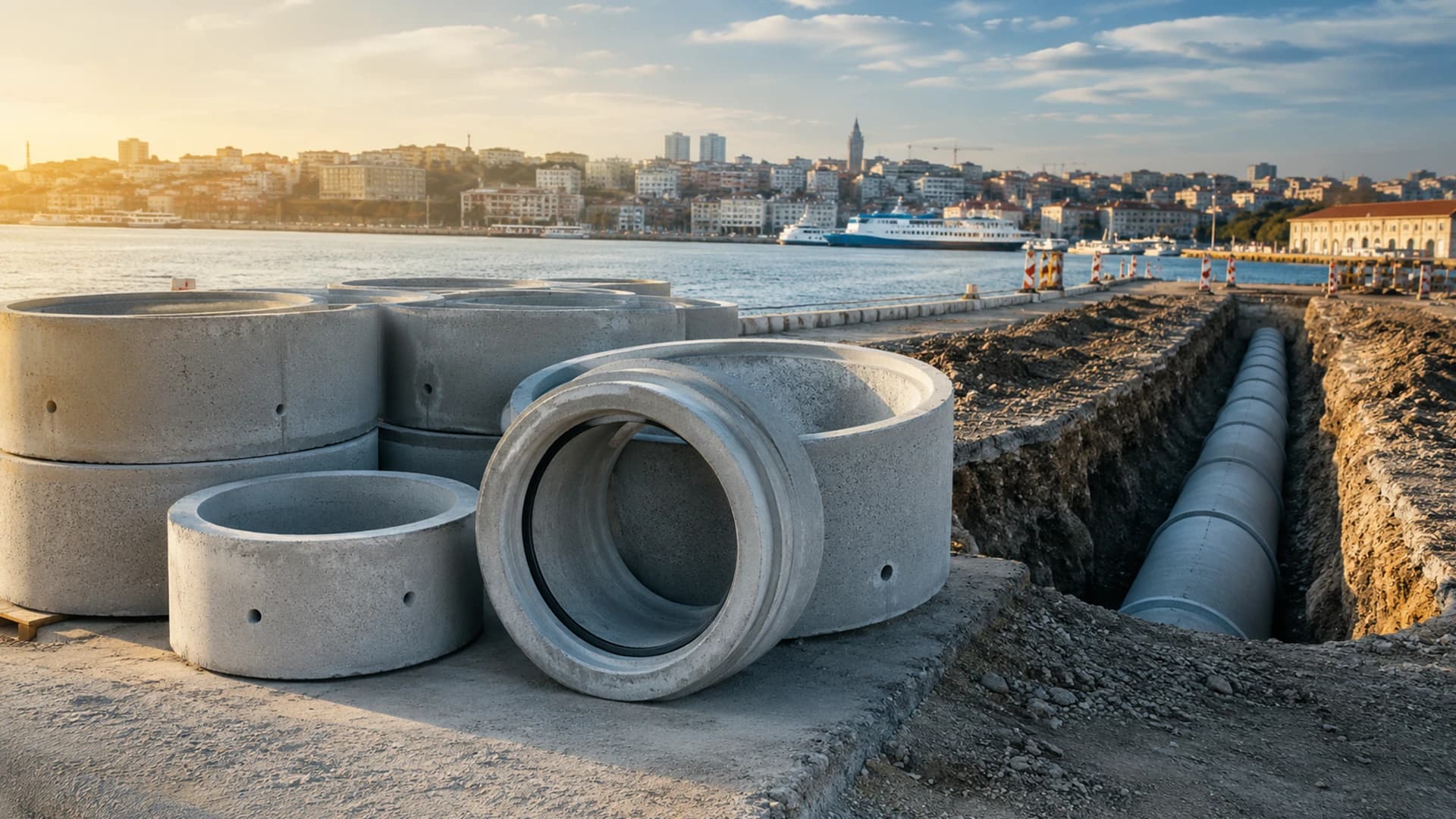 Socket-jointed concrete pipe rings used in a Kadıköy infrastructure renewal project