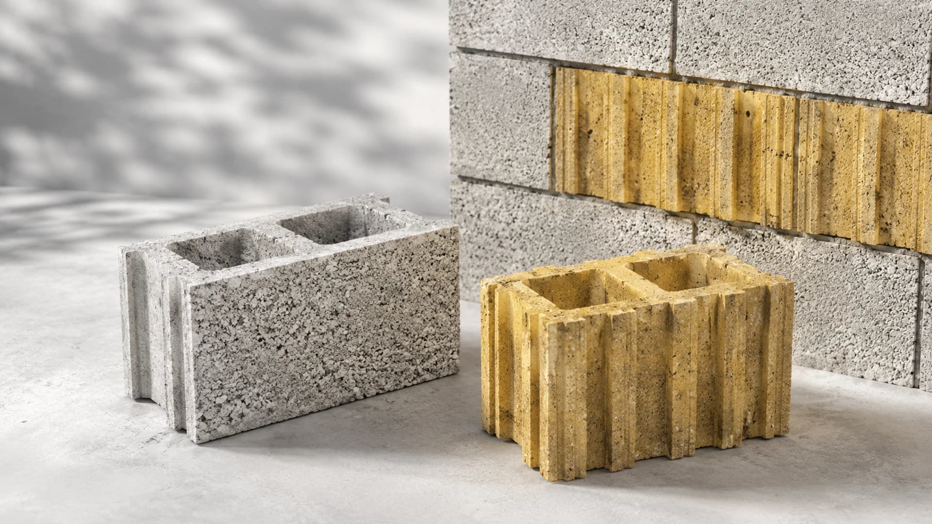 Özbeton 20×40×20 cm concrete wall blocks — split-face and grooved variants