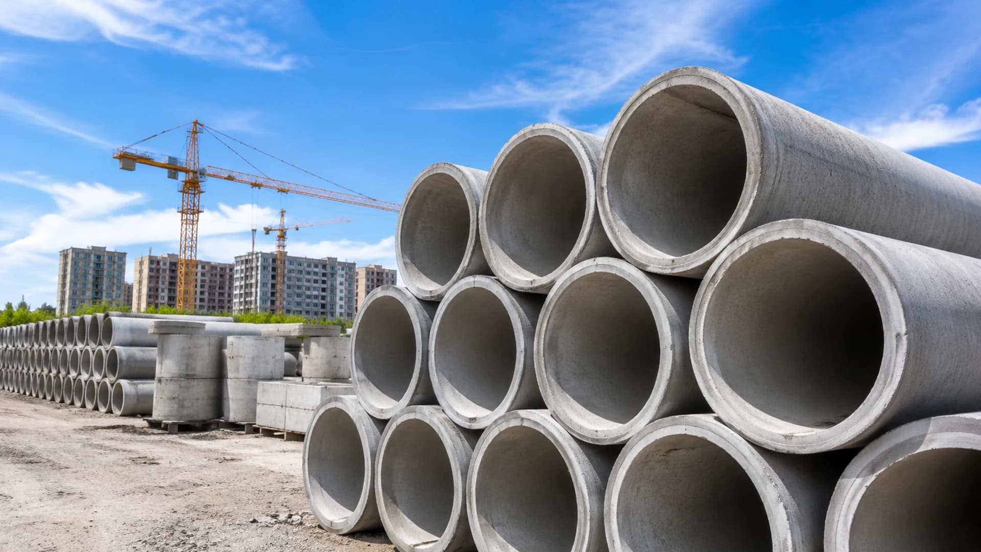 Concrete pipes of various diameters shown with price tags