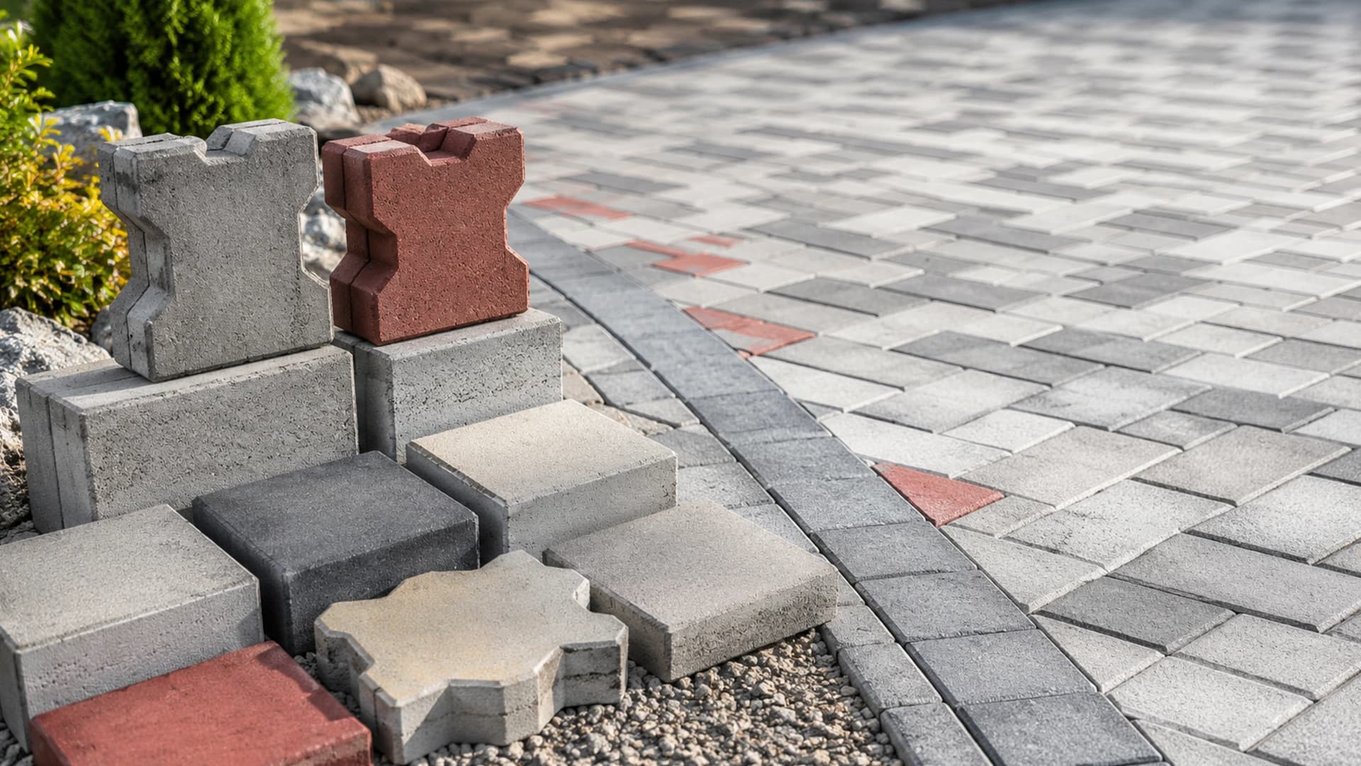 Grey concrete pavers laid on a pedestrian walkway