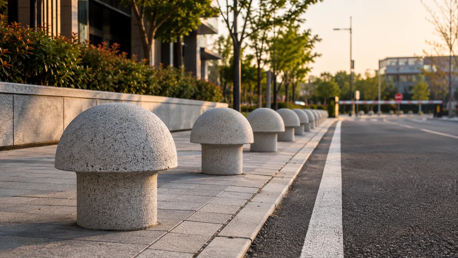Concrete bollards separating a pedestrian zone from vehicle traffic