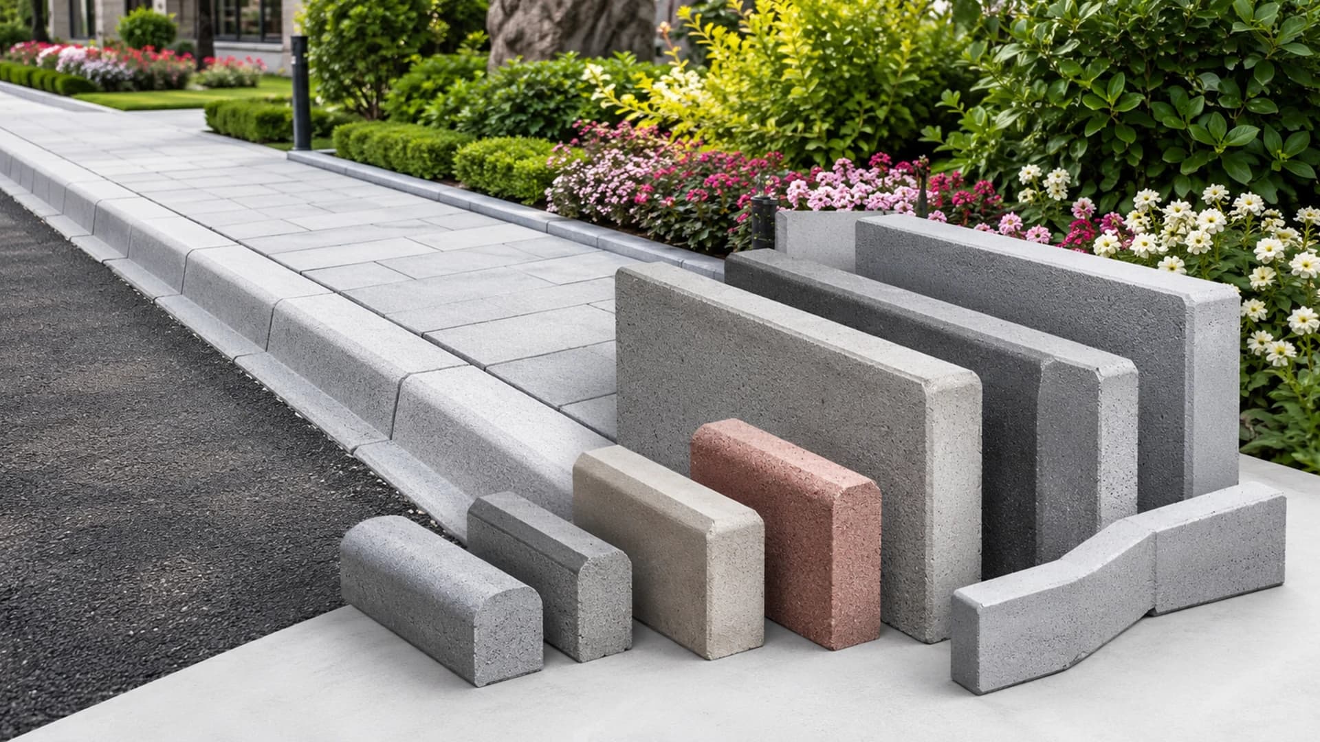 Concrete curbstones lined up in various sizes