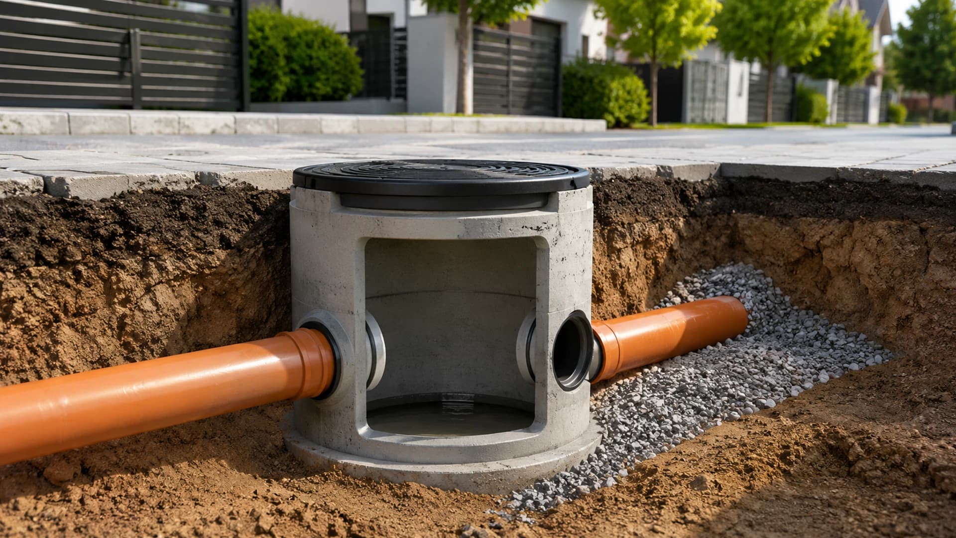 Concrete property inspection chamber located in a residential area