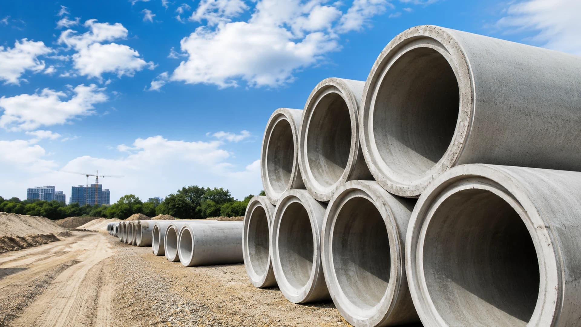 Stacks of grey concrete pipes in various diameters