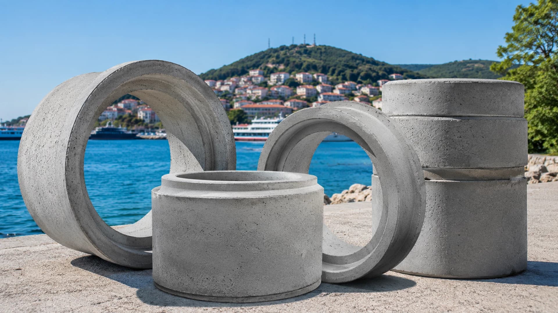 Socket-jointed concrete pipe rings lined up for an Adalar infrastructure project