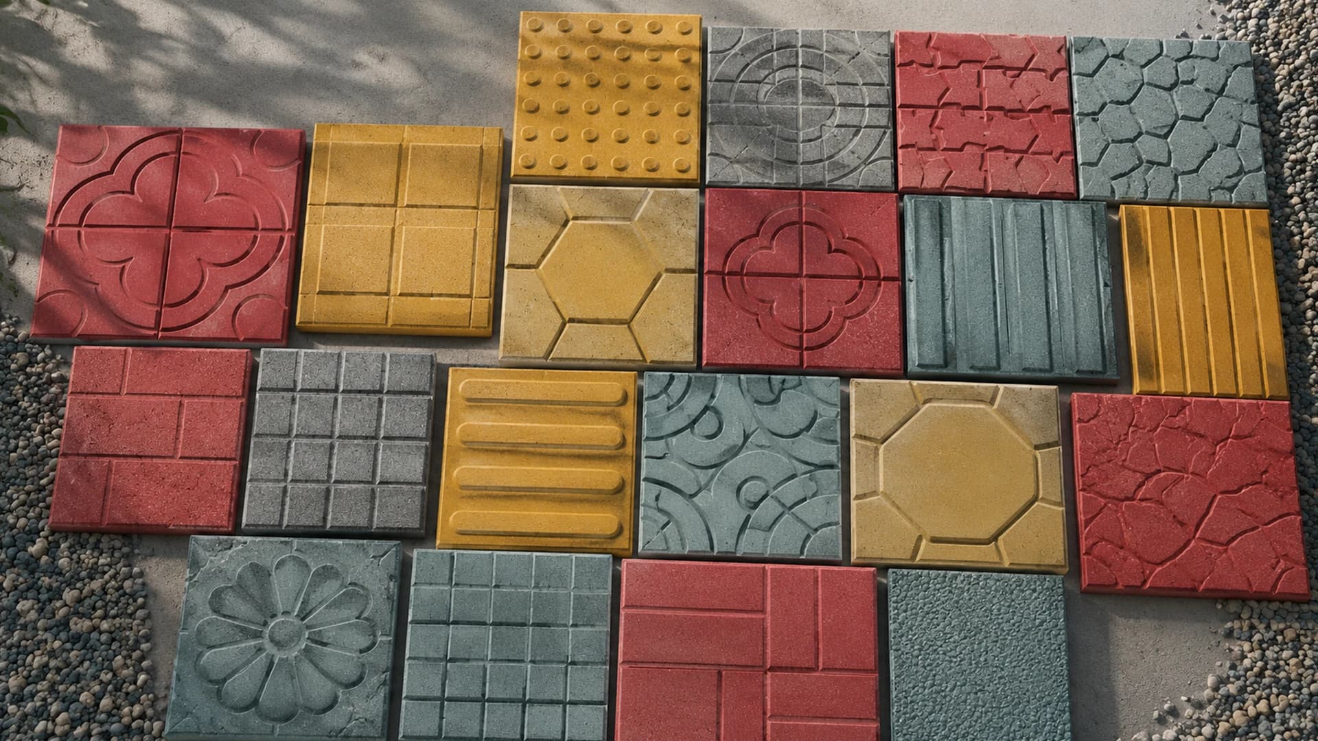 Özbeton patterned concrete floor tiles — 16 decorative patterns for walkways and landscape paving
