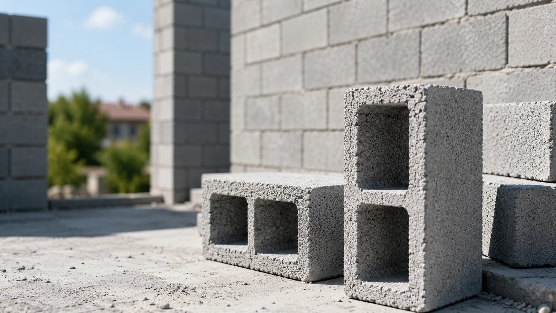 Stacks of grey concrete block bricks