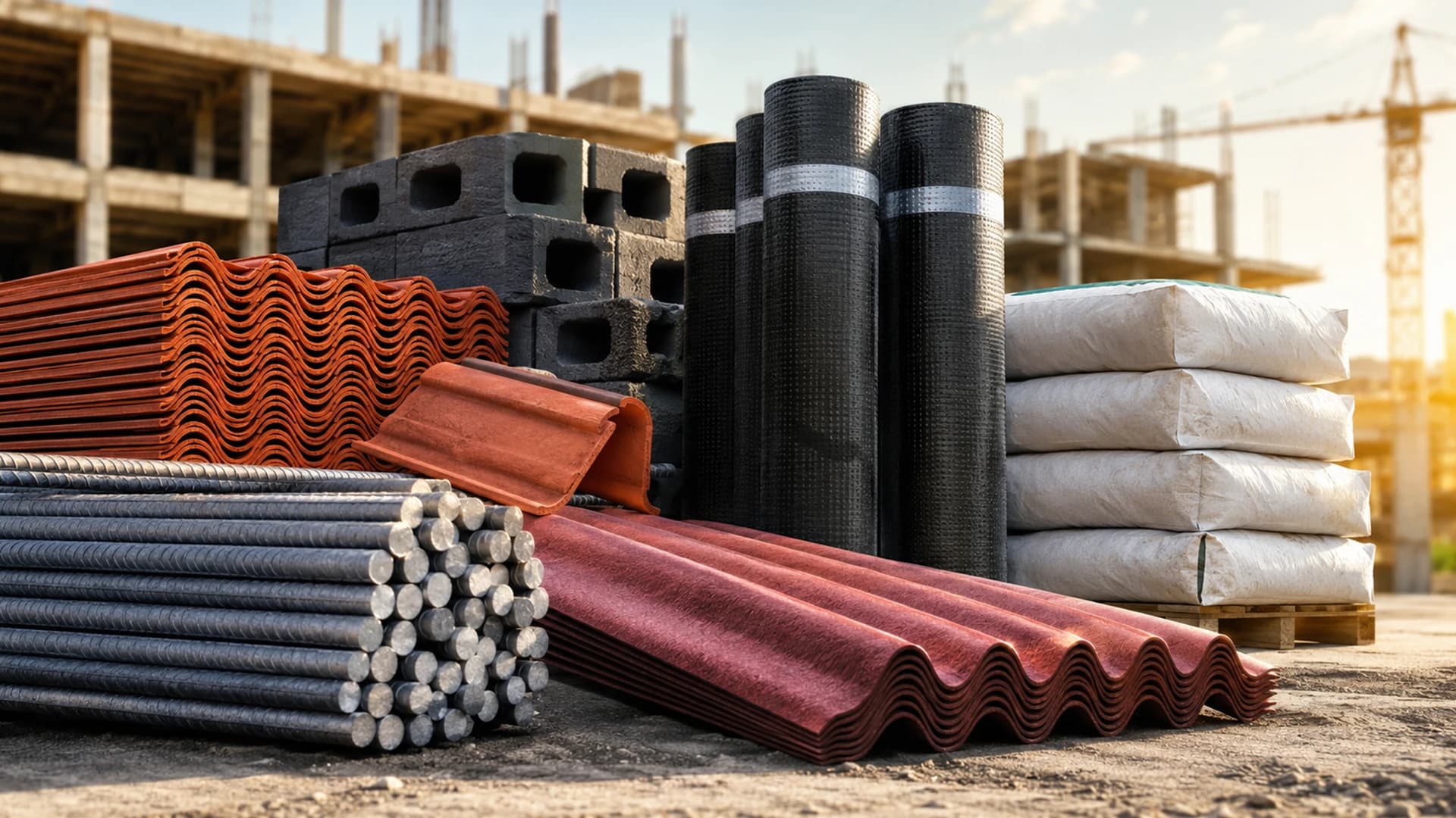 Miscellaneous construction materials supplied by Özbeton — rebar, roof tiles, membrane, blocks and lime