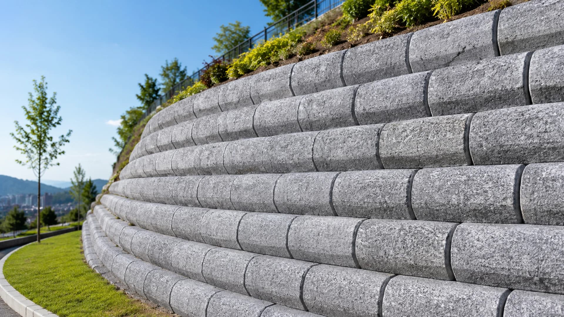 Interlocking concrete slope stones laid on sloped terrain