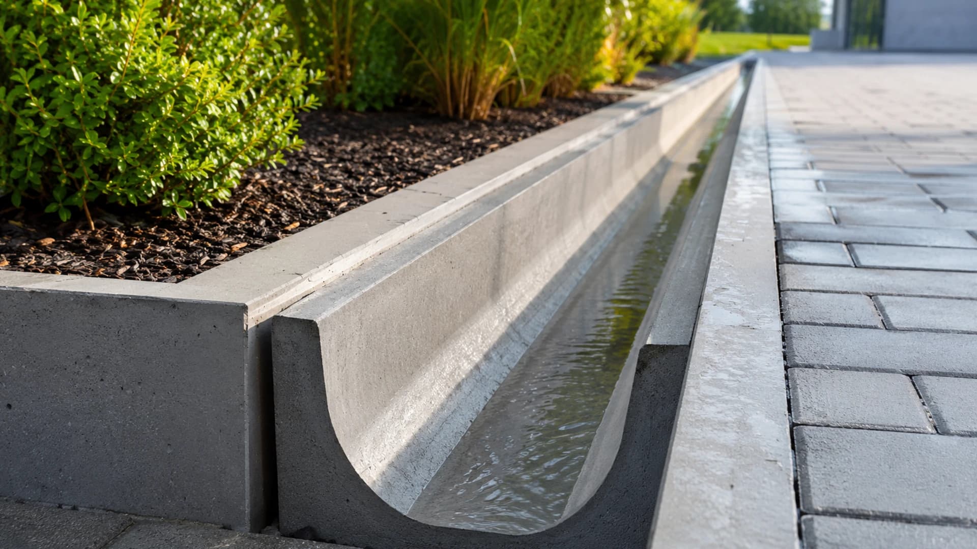 Grey concrete drainage gutters installed along a road edge