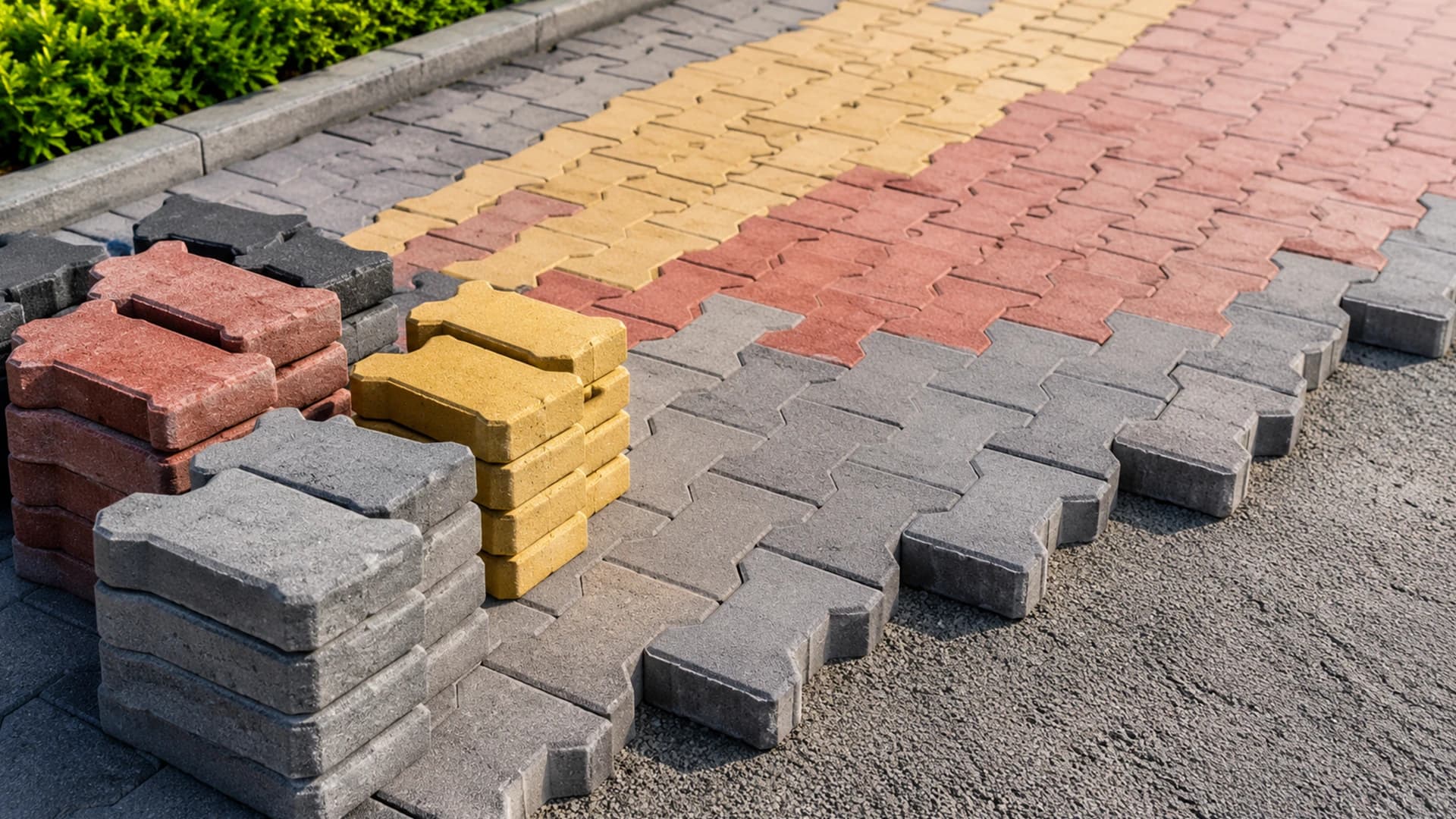 Close-up of grey interlocking pavers on a pedestrian walkway