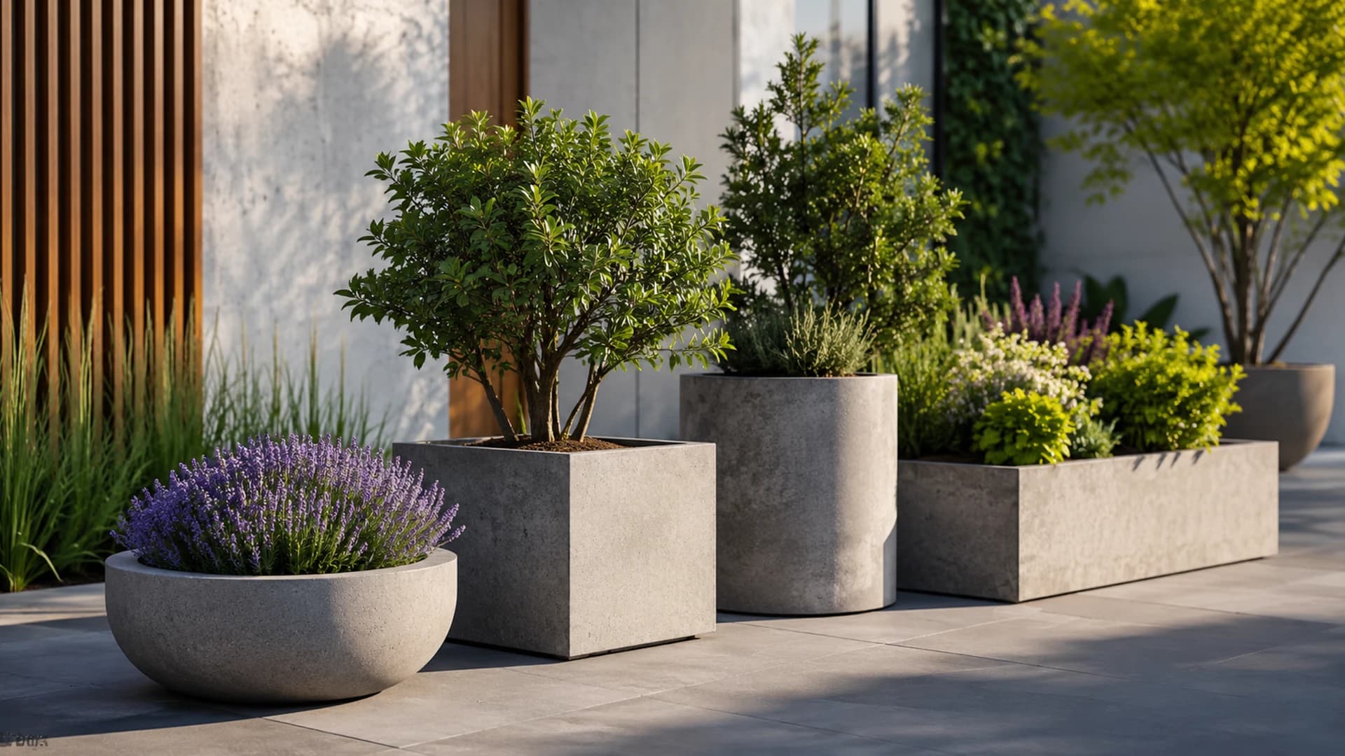 Modern concrete planters used in urban landscaping